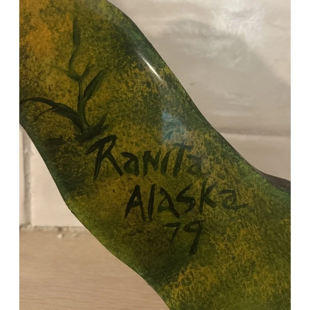 Vintage 1979‎ Alaska Shaped 3D Hand Painted Signed Wood Clock Art Sculpture READ